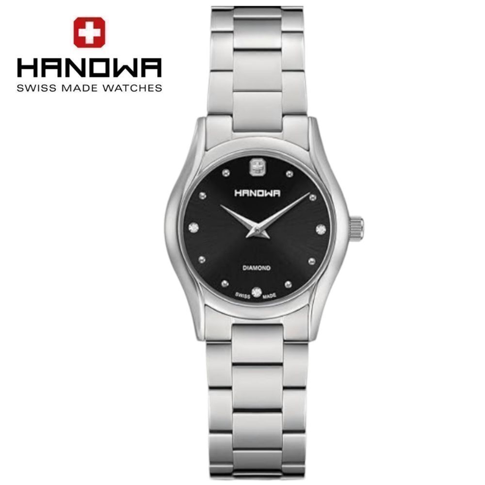 Hanowa Swiss Made Stainless Steel Watch, 3 Diamond splitters, Black , Bracelet